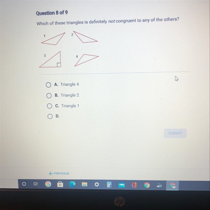 Which of these triangles is definitely not congruent to any of the others?-example-1