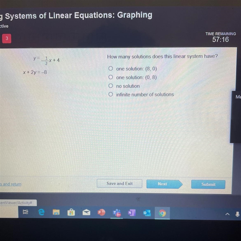 Y= 2x+4 How many solutions does this linear system have? x + 2y = 8 O one solution-example-1