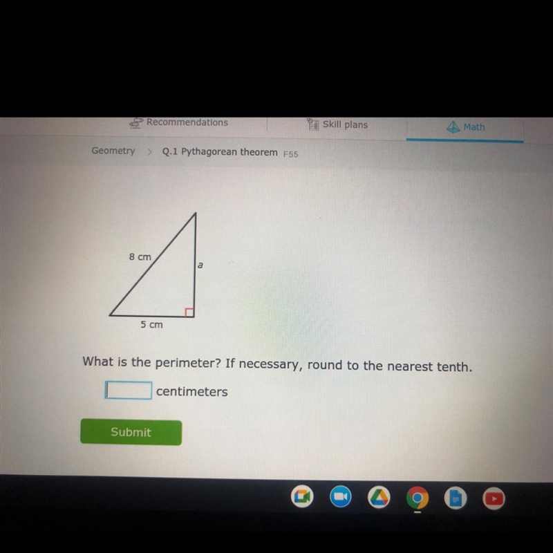 8 cm 5 cm What is the perimeter? If necessary, round to the nearest tenth. centimeters-example-1