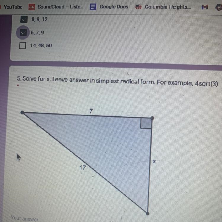 Solve for x leave answer in simplest radical form.-example-1