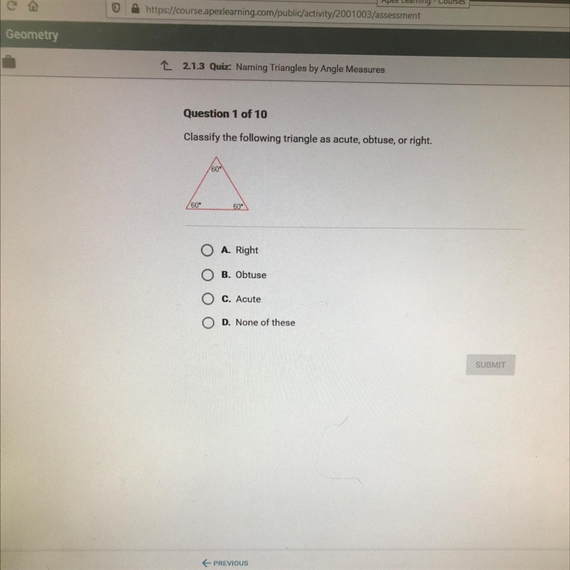 Classify the following triangle as acute, obtuse, or right.-example-1