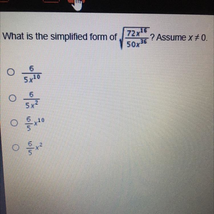 What is the simplified form of 72x16/50x36 ? assume x ≠ 0-example-1