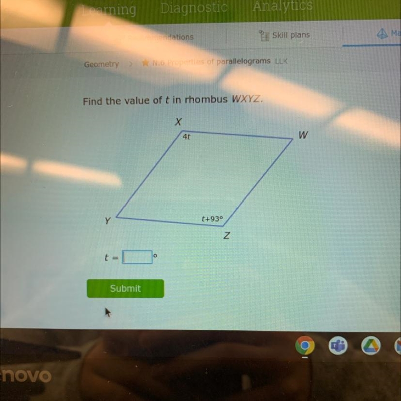 Find the value of t in rhombus WXYZ. х 40 W Y t+930 N-example-1