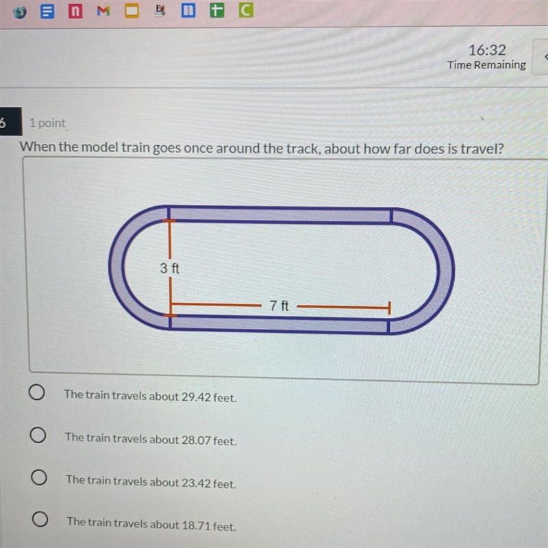 When the model train goes once around the track, about how far does is travel? 3 ft-example-1