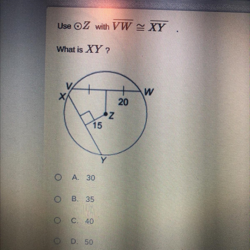 Use OZ with VWXY What is XY ? A 30 B. 35 C. 40 D. 50-example-1