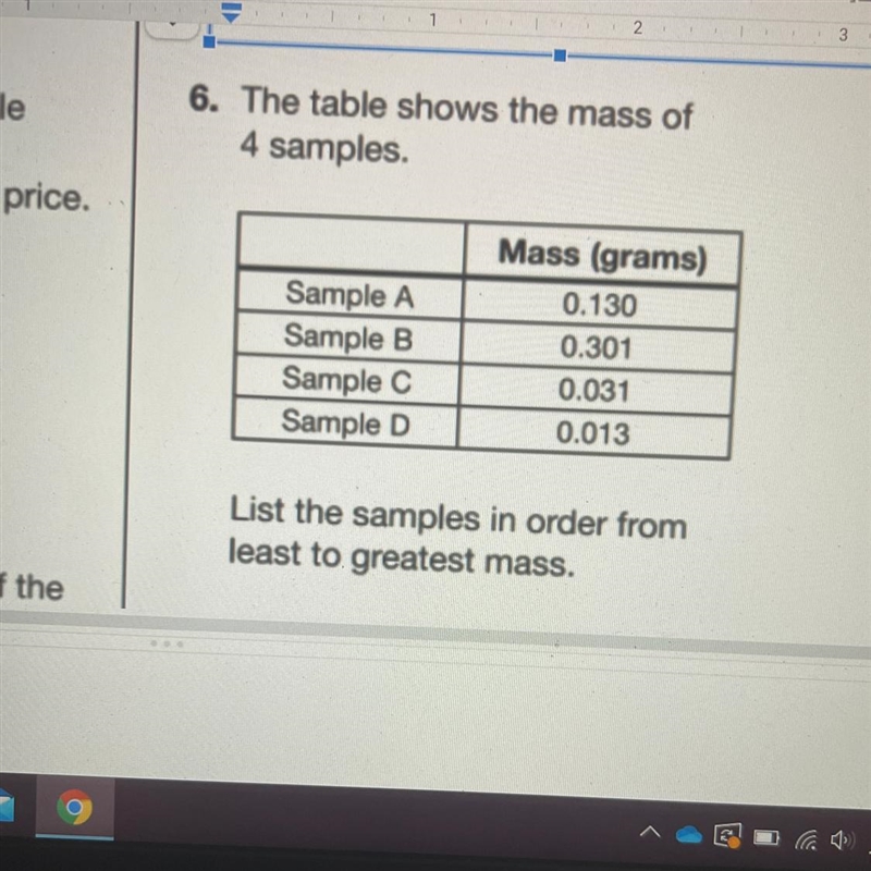 The table shows the mass of 4 samples. Sample A 0.130 Sample B 0.301 Sample C 0.031 Sample-example-1