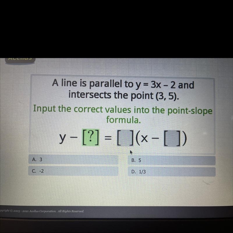 A line is parallel to y=3x-2 and intersects the point (3,5)-example-1