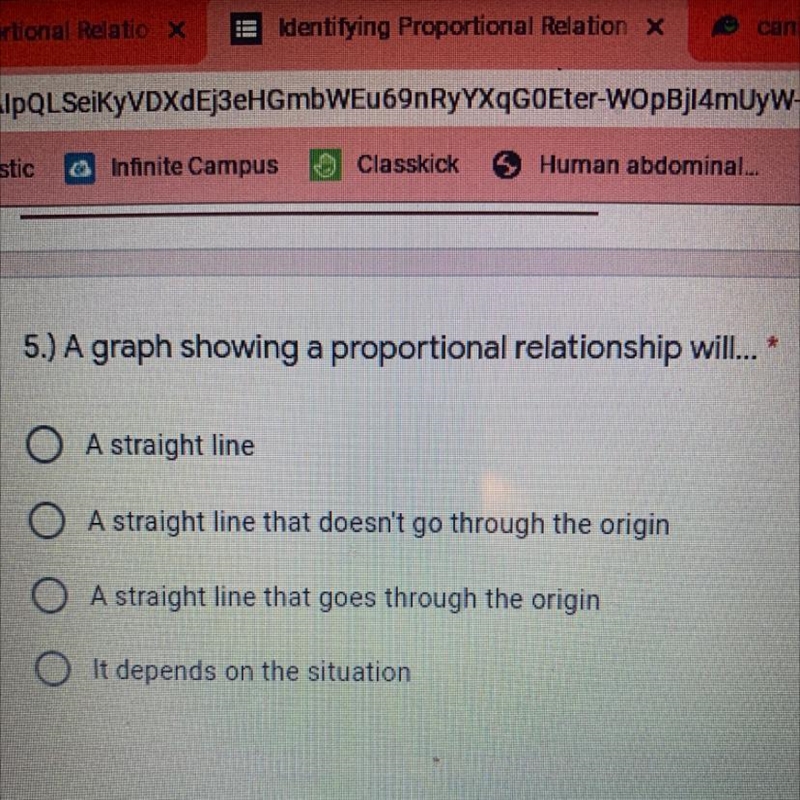 5.) A graph showing a proportional relationship will...-example-1