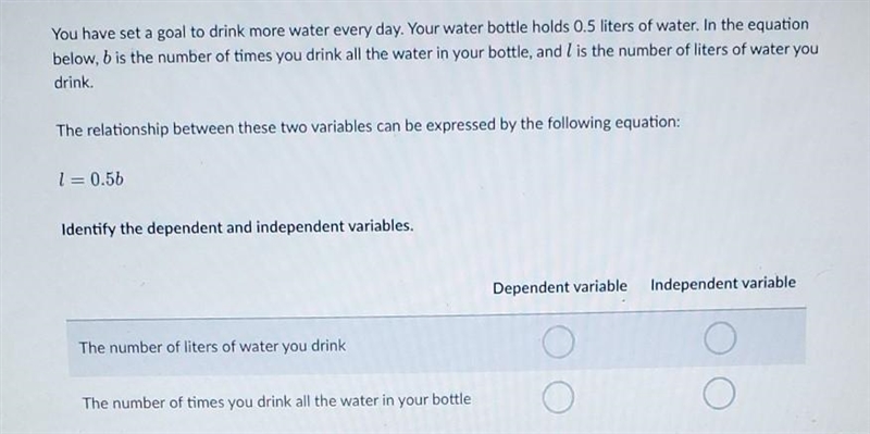 You have set a goal to drink more water every day. Your water bottle holds 0.5 liters-example-1