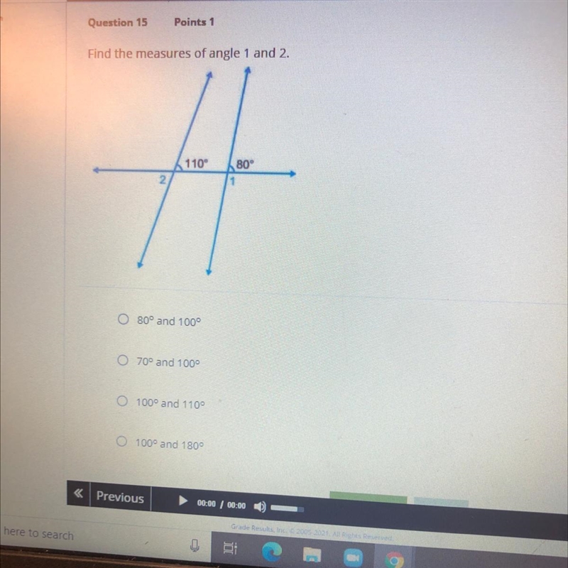 Find the measures of angle 1 and 2. 110° 80°-example-1