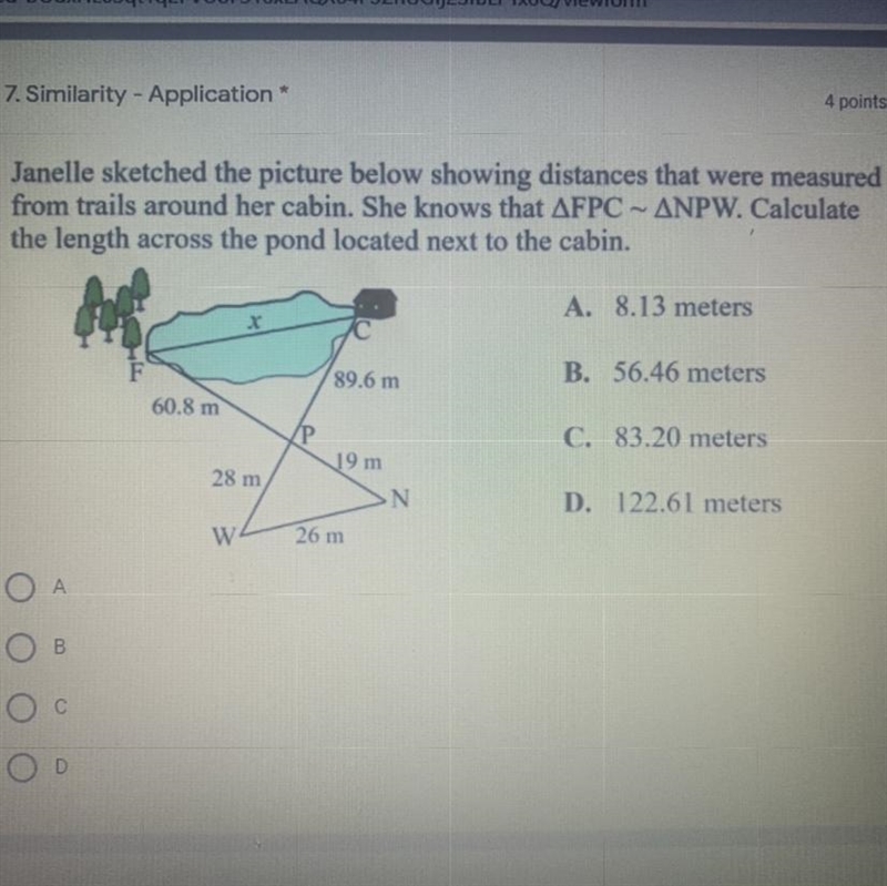 Janelle sketched the picture below showing distances that were measured from trails-example-1