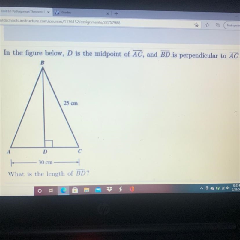 In the figure below, D is the midpoint of AC, and BD is perpendicular to AC. What-example-1