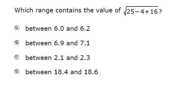 Which range contains the value of √25-4+16?-example-1