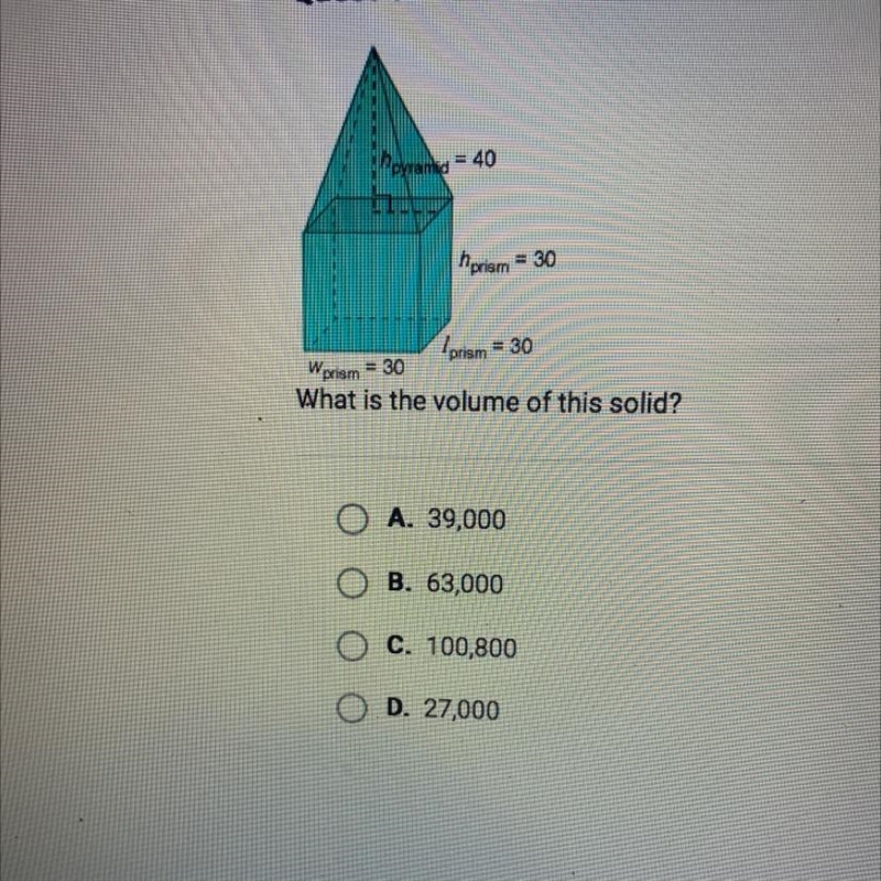 Pyramid = 40 prism = 30 prism = 30 Wprism = 30 What is the volume of this solid? O-example-1