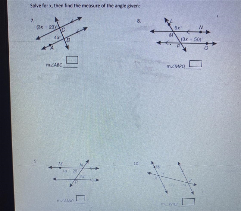 Solve for x,then find the measure of the angle given.-example-1