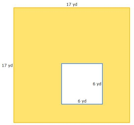 Find the area of the shaded region below 289 square yards 36 square yards 325 square-example-1