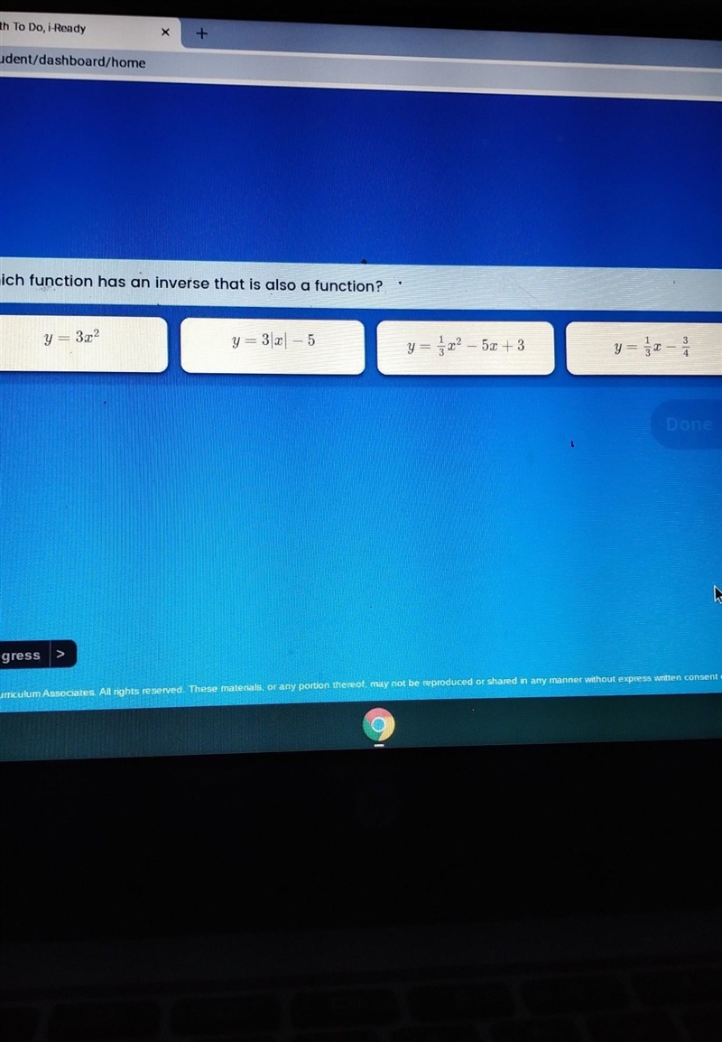 Which function has an inverse that is also a function? Can someone please help me-example-1