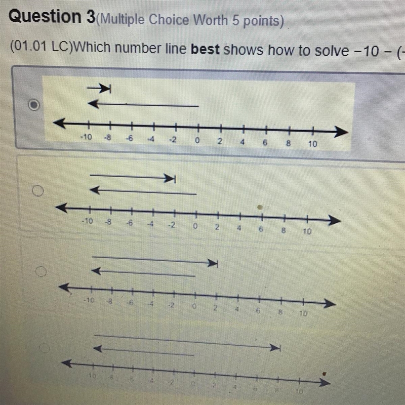 (01.01 LC)Which number line best shows how to solve -10 - (-8)?-example-1