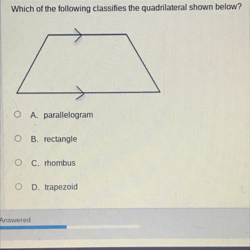 Which of the following classifies the quadrilateral shown below? A. parallelogram-example-1