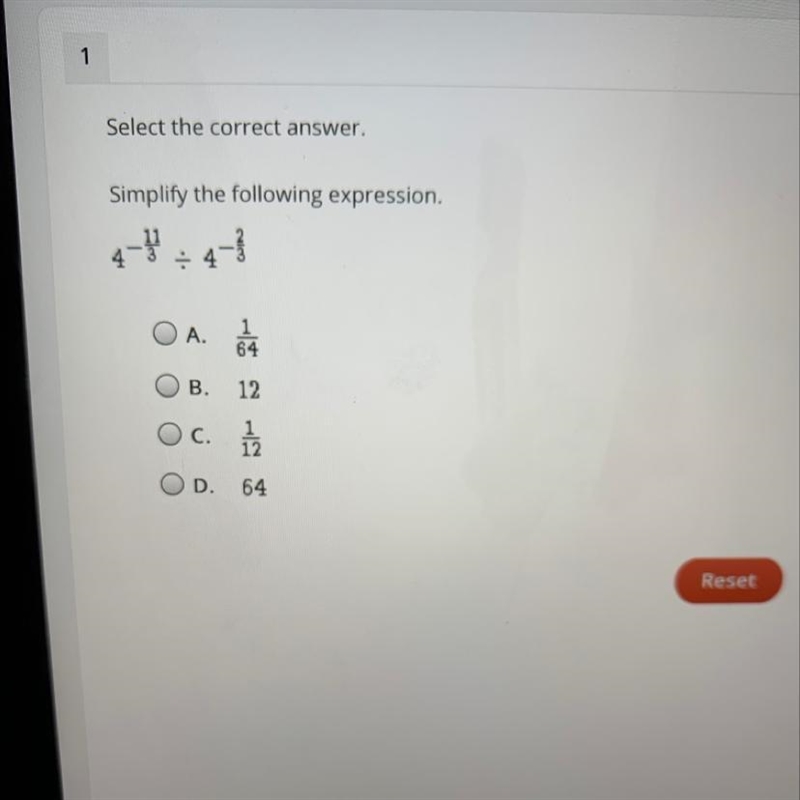 1 Select the correct answer. Simplify the following expression. 우 O A. OB. 12 Oc. 1 OD-example-1