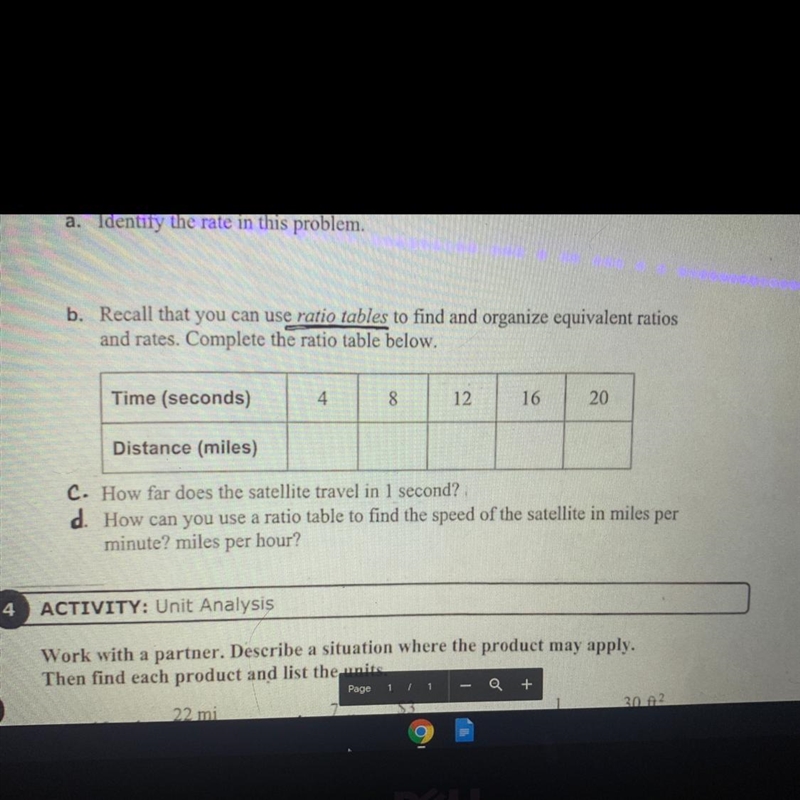 a ratio table! need help asap!!! Time (secs): | 4 | 8 | 12 | 16 | 20 | Distance (miles-example-1