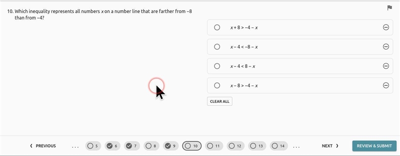 Which inequality represents all numbers x on a number line that are farther from −8 than-example-1