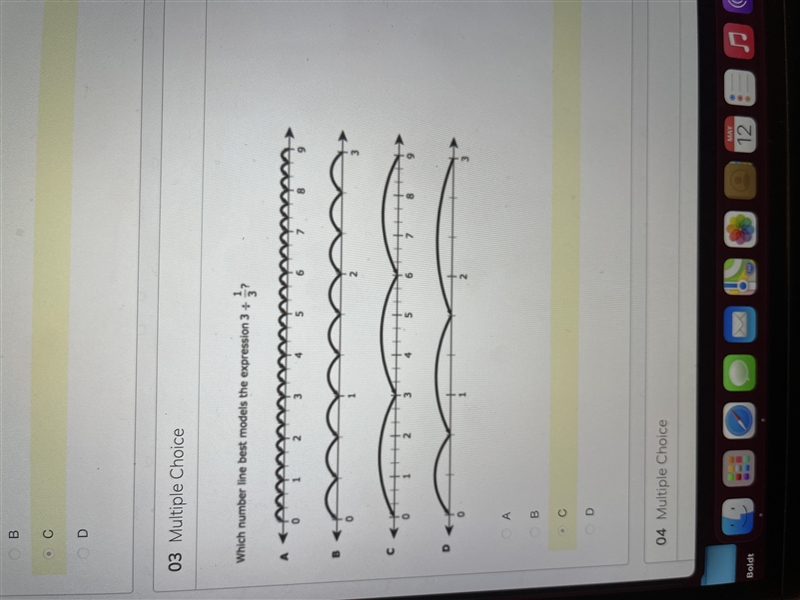 Which number line best models the expression 3 divided by 1/3?-example-1