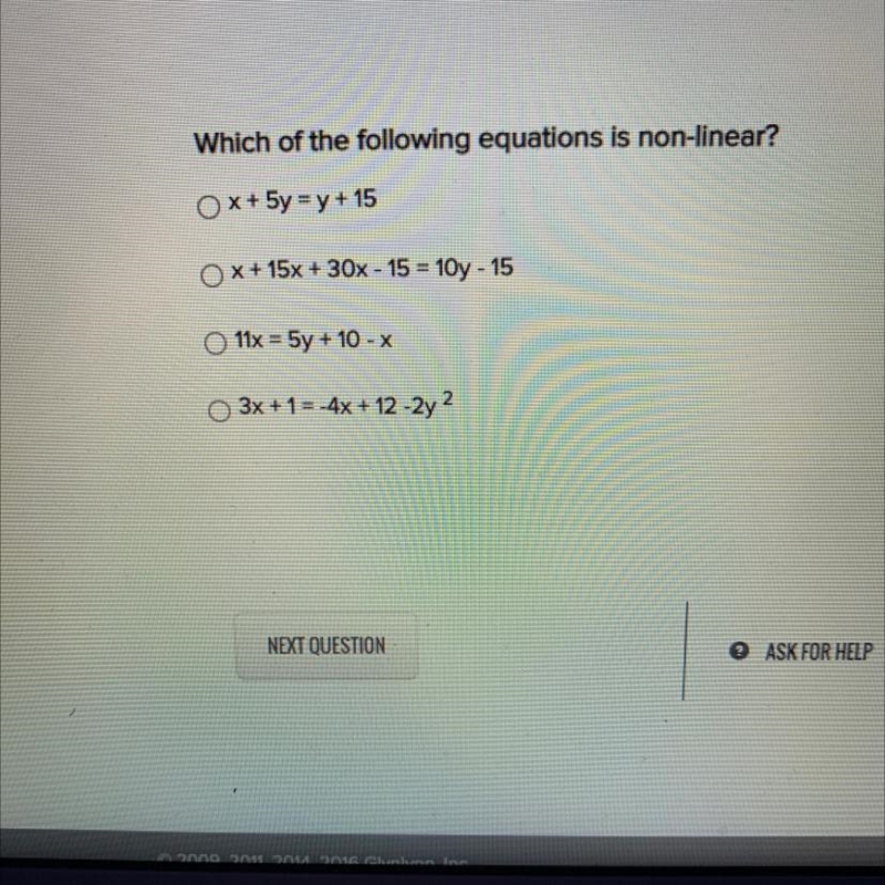 Which of the following equations is non-linear?-example-1