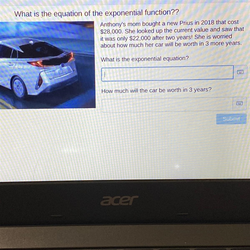 What is the equation of the exponential function?? Anthony's mom bought a new Prius-example-1