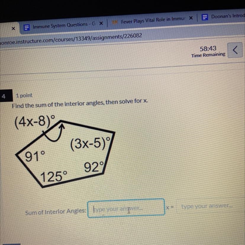 Find the sum of the interior angles, then solve for x. Help!!-example-1