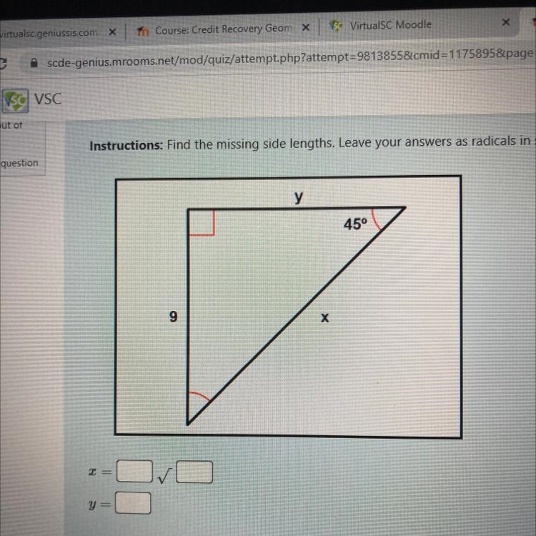 Find the missing side length. Leave your answers radical in simplest form. PLEASE-example-1