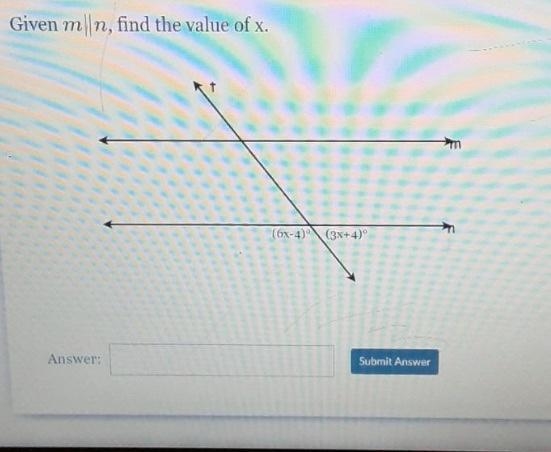 Given m|n, find the value of x. (6x-4)° (3x+4)°-example-1