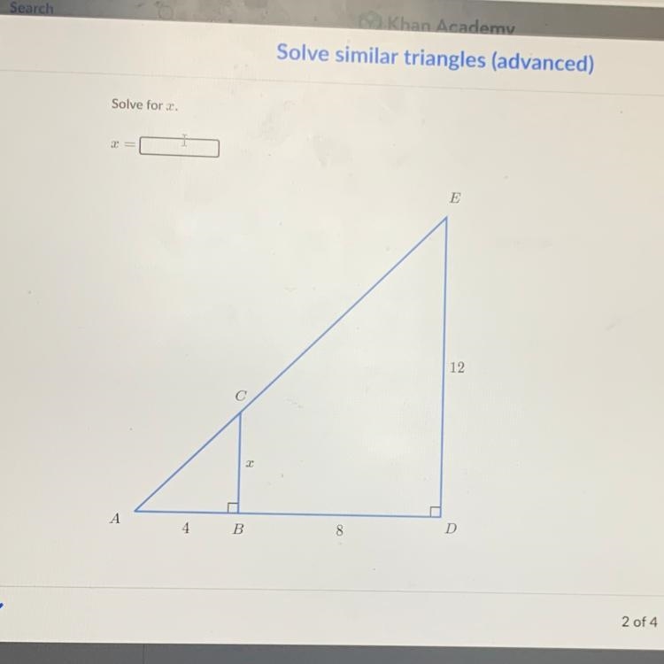 Solve similar triangles (advanced) Solve for x-example-1