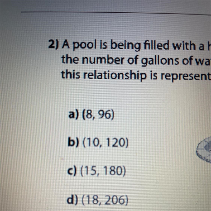 2) A pool is being filled with a hose. The equation y=12x represents the relationship-example-1