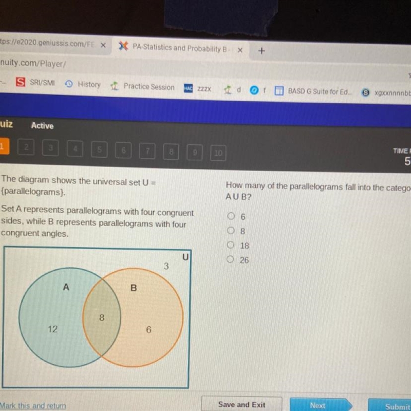 How many of the parallelograms fall into the category AUB? The diagram shows the universal-example-1