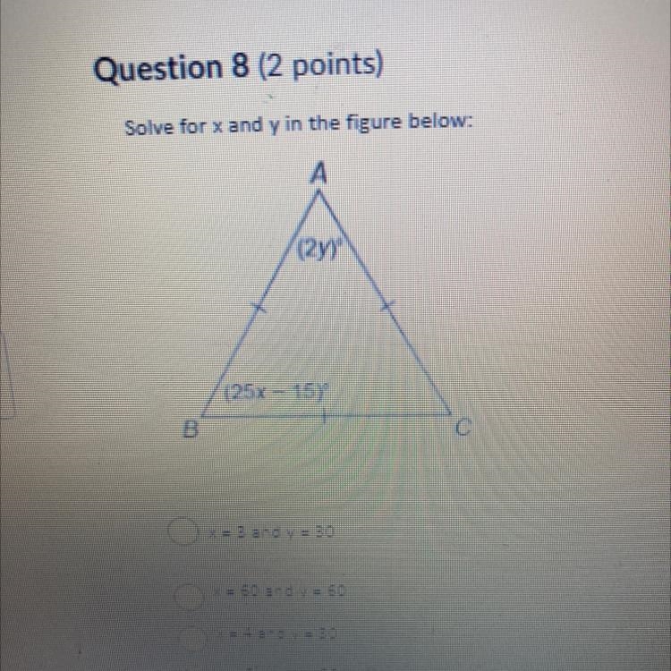 Solve for x and y in the figure below: (27) (25x - 15) + B с x = 3 and y = 30 x = 60 and-example-1