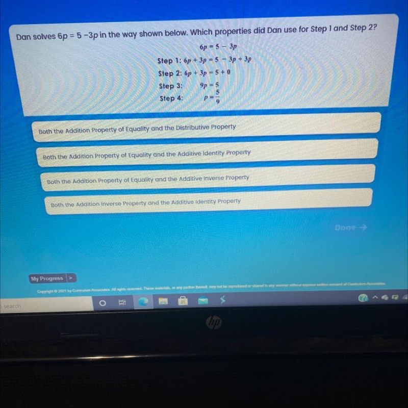 Dan solves 6p = 5-3p in the way shown below. Which properties did Dan use for Step-example-1