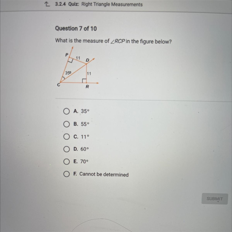 What is the measure of ZRCP in the figure below? P 11 D 350 11 R A. 35° B. 55° C. 11° D-example-1