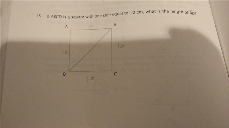 If ABCD is a square with one side equal to 10 cm what is the length of BD?-example-1