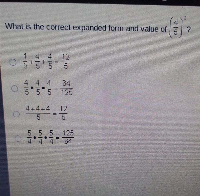 What is the correct expanded form and value of ( 4/5)³ ? ​-example-1