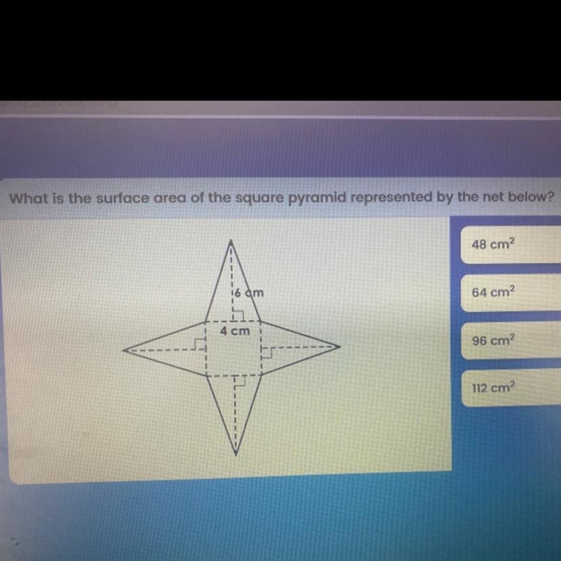 What is the surface area of the square pyramid represented by the net below? 48 cm-example-1