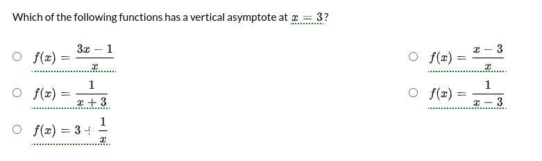 Which of the following functions has a vertical asymptote at x=3?-example-1