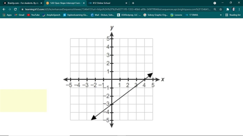 What is the equation of this line? y=4/3x−3 y=−3x−3/4 y=−3x−4/3 y=3/4x−3-example-1