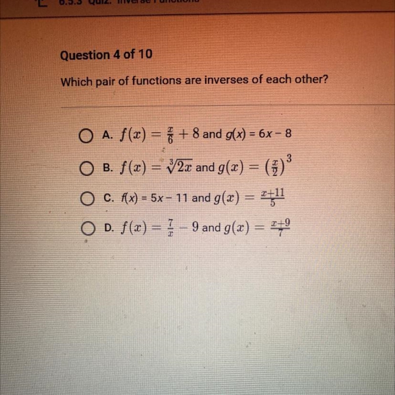 Which pair of functions are inverses of each other?-example-1