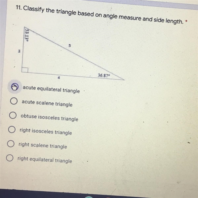 PLEASE HELP! FOR 10 POINTS. CLASSIFY THE TRIANGLE ON ANGLE AND SIDE LENGTH, WHAT IS-example-1