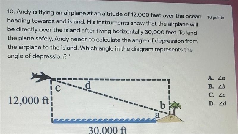 10. Andy is flying an airplane at an altitude of 12,000 feet over the ocean heading-example-1