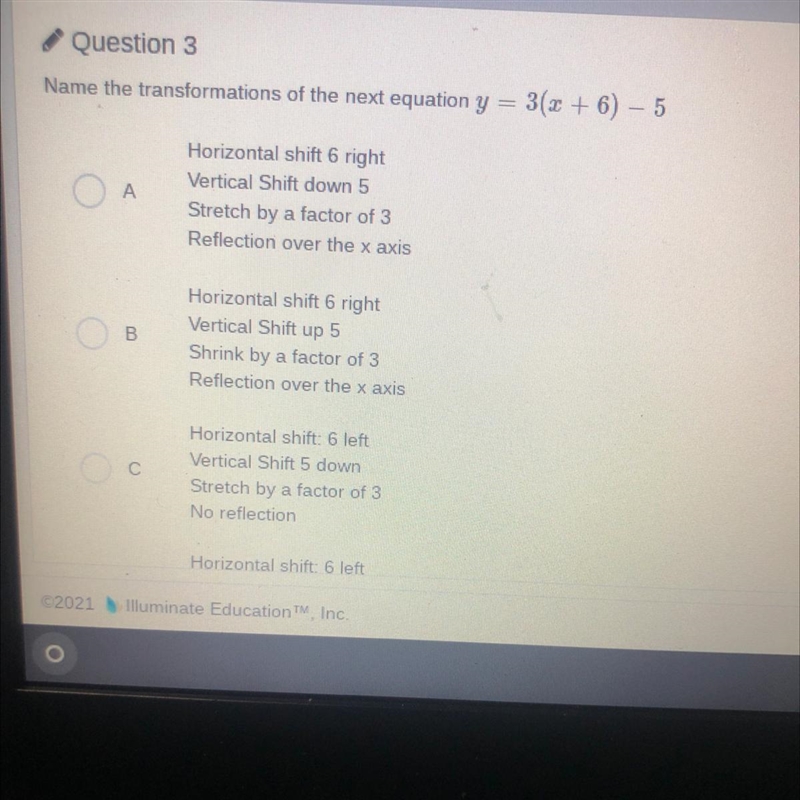 Question 3 Name the transformations of the next equation y-example-1