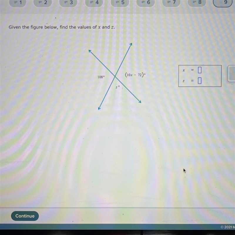 Given the figure below, find the values of x and z. (10x - 72) X Х 108° z-example-1