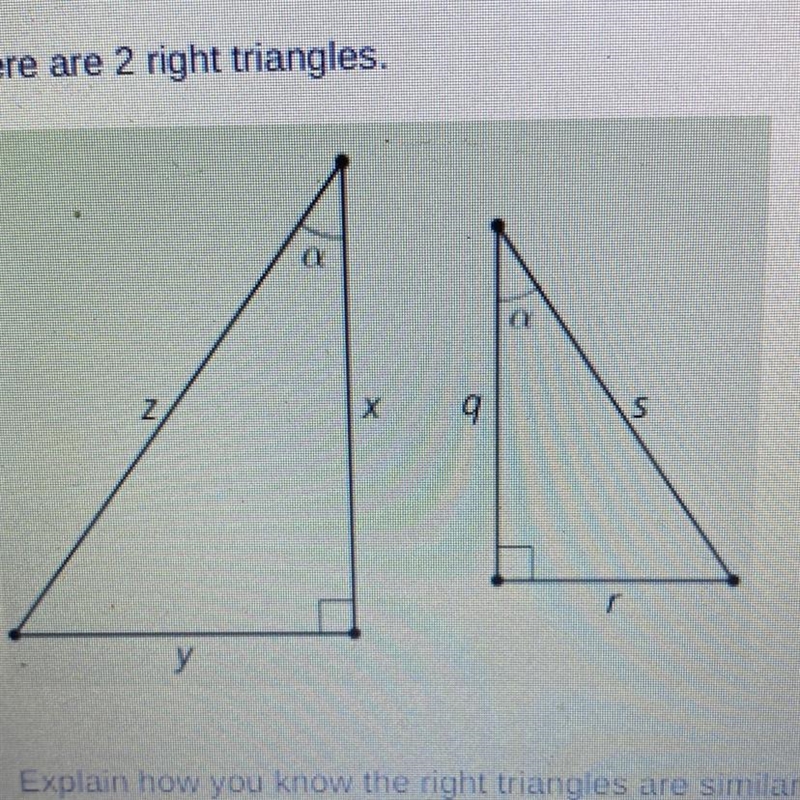 Explain how you know the right triangles are similar-example-1