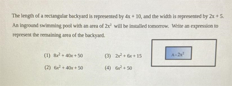 The length of a rectangular backyard is represented by 4x + 10, and the width is represented-example-1